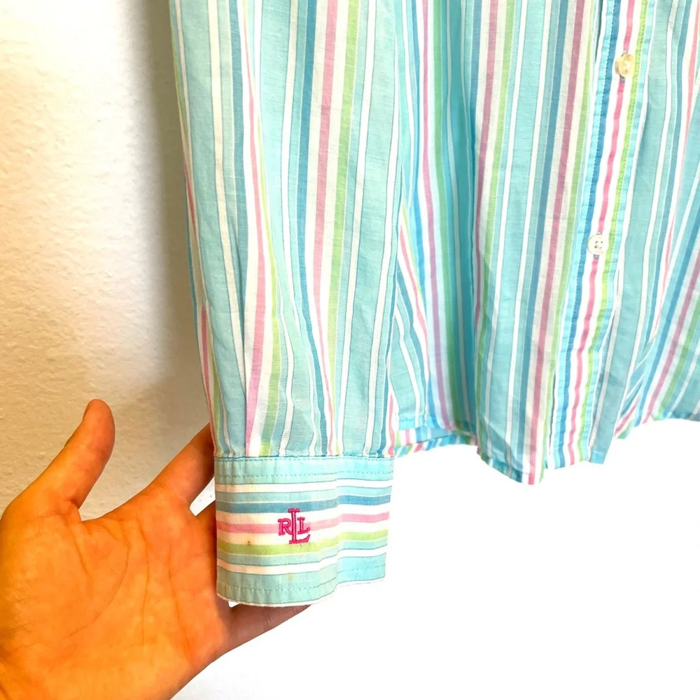 Vintage Lauren by Ralph Lauren, blue green and pink sheer button down shirt - Picture 4 of 8